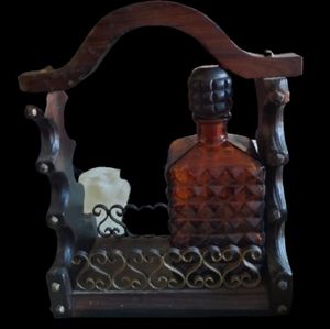 Vintage European Decanter Set, Amber Diamond Glass W/ Wood and Metal Caddy